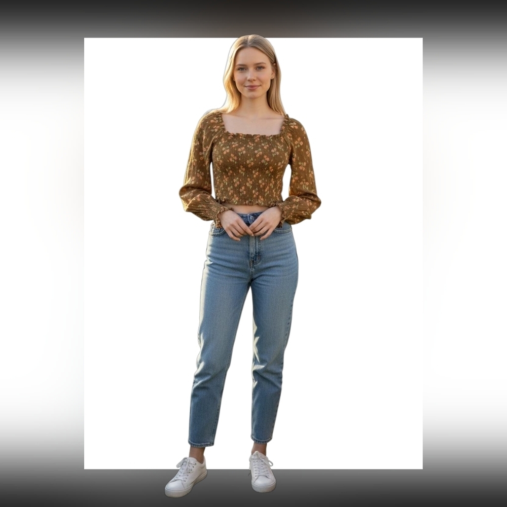 AERIE Brown Floral Smocked Blouse Top